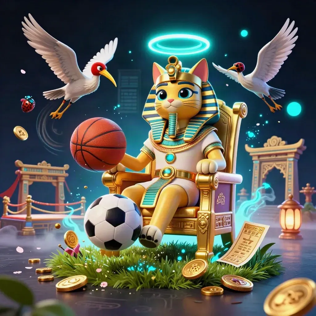 Pharaoh cat, ibis scribe and gem-wing scarabs amid flying balls, coins, and blue-gold magic.