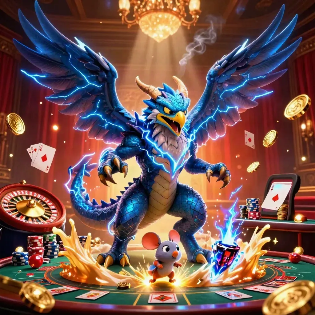 Thunder dragon, wind hawk, and mouse amid casino glow, coins, cards, and a spinning roulette wheel.