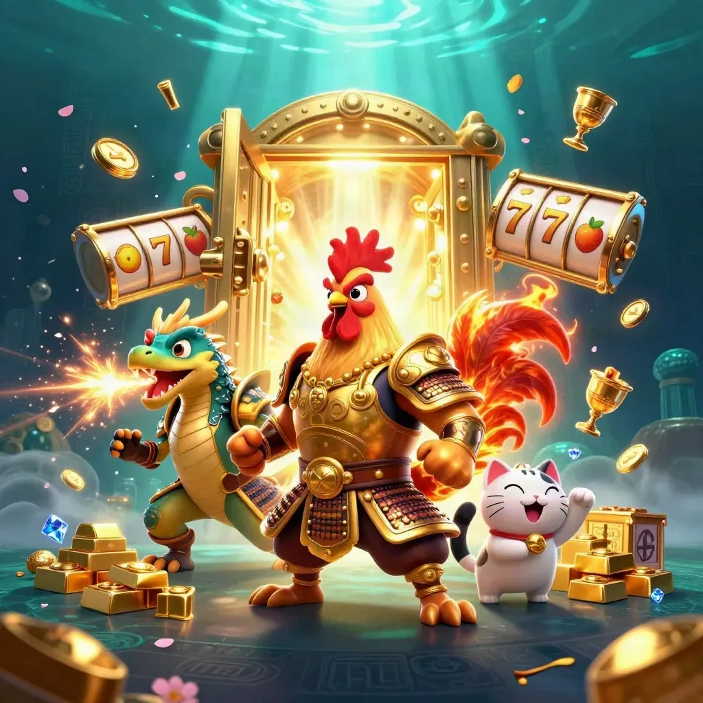 Rooster warrior, dragon hatchling, and fortune-cat erupt from a glowing treasure vault with gold and gems.