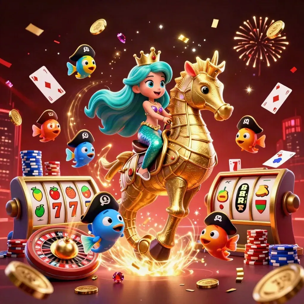 Mermaid princess on a gold seahorse amid coins, chips, fireworks, and casino lights.