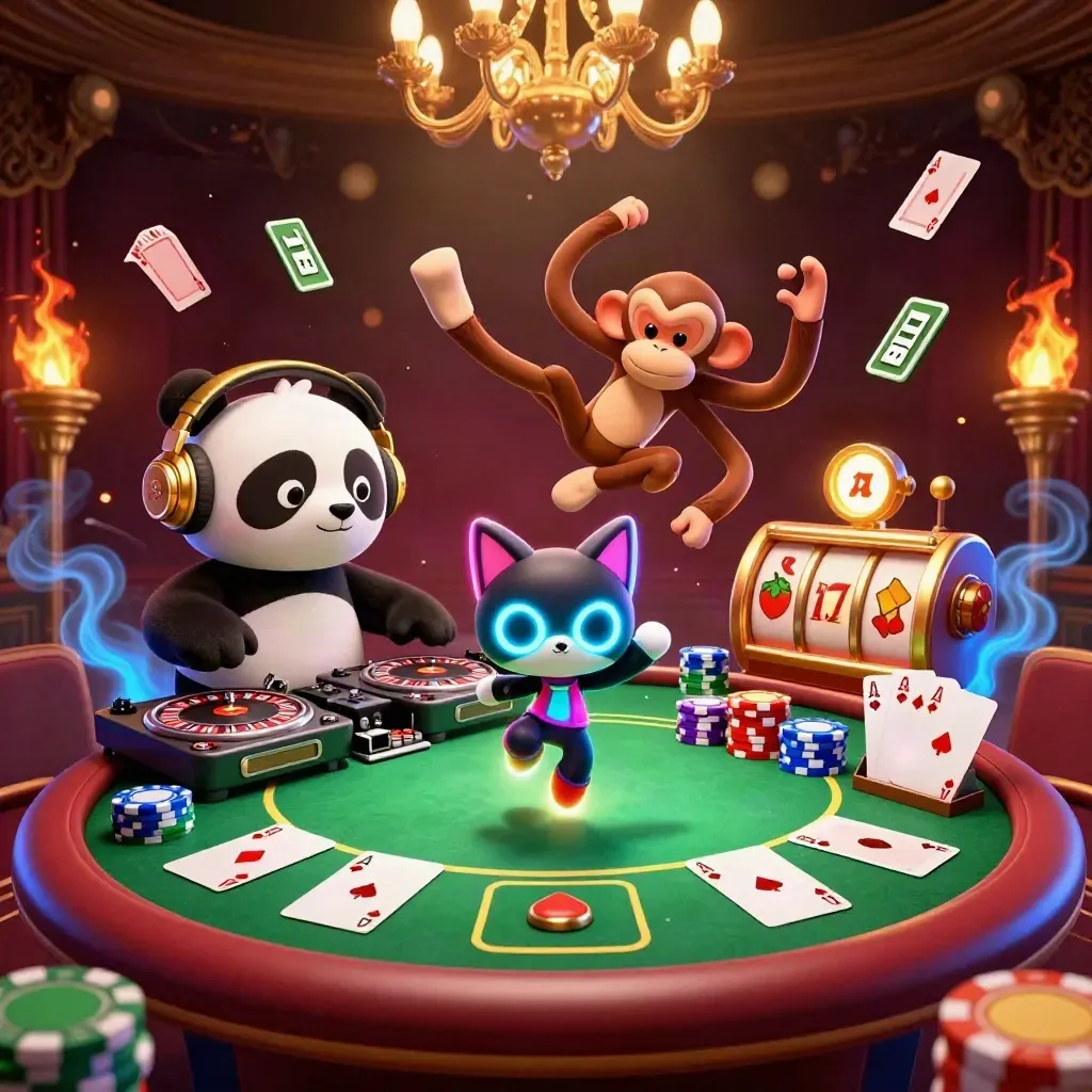 DJ panda, breakdancing monkey and rave kitten amid casino props in electric-blue neon splash art.