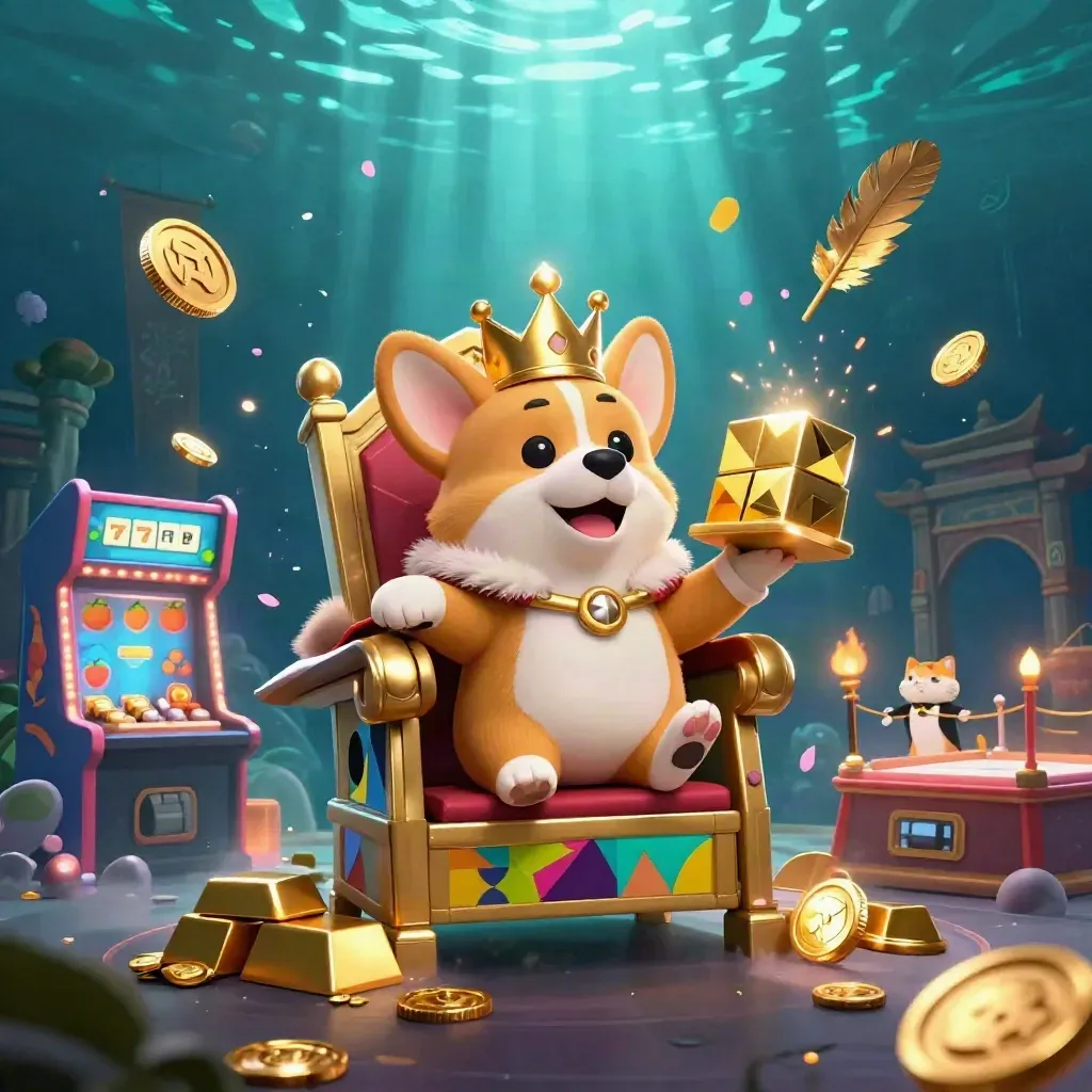 Corgi king and cat butler amid vault burst, coins, reels, temple gate, and neon underwater glow.