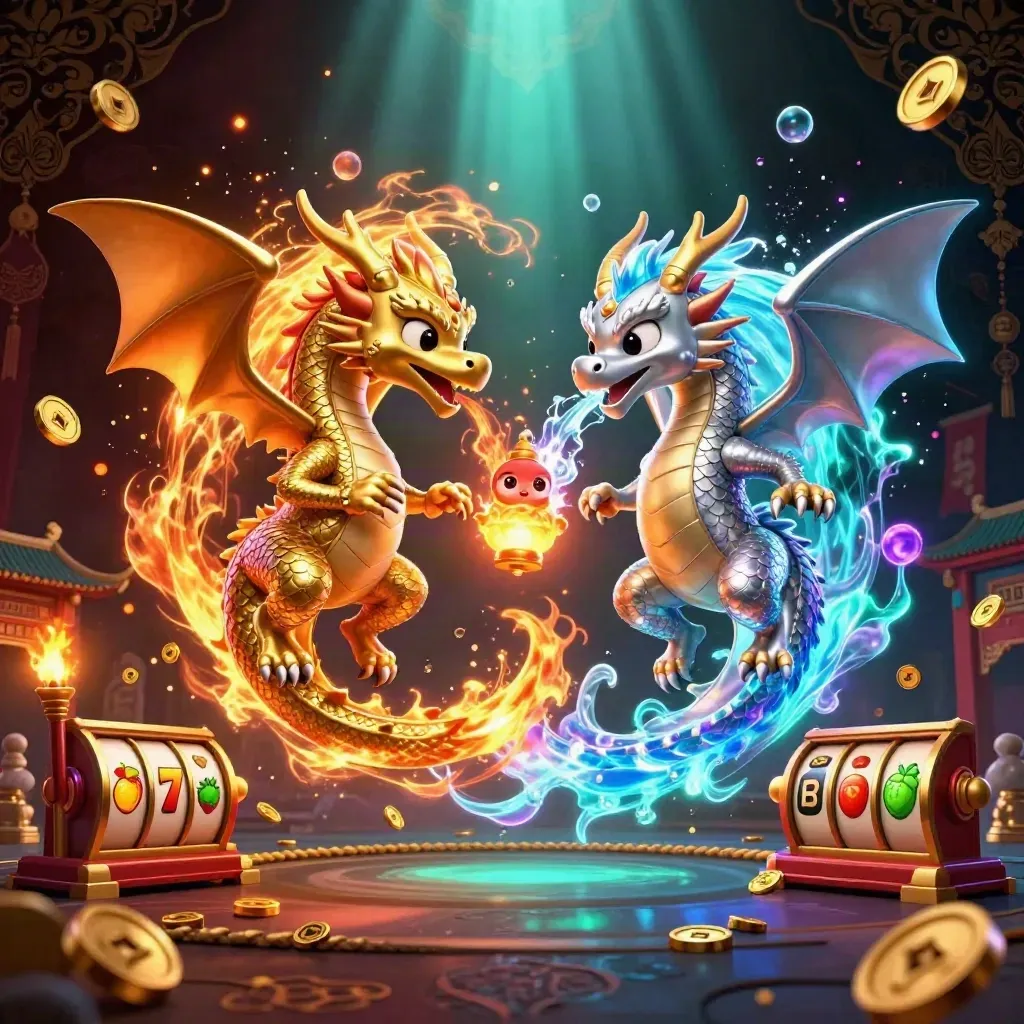 Gold and silver dragons spiral around a lantern spirit amid casino reels and coins.